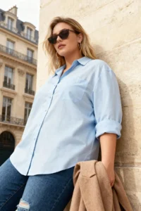Trendyol Curve Mavi Loose Fit Cotton Long Sleeve Plus Size Weaving Shirt