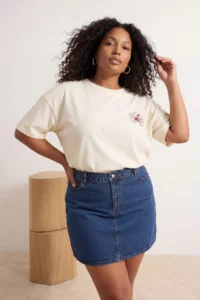 Trendyol Curve Ecru 100% Cotton Oversized/Wide Pattern Front Back Printed Knitting Plus Size T-Shirt - Image 2