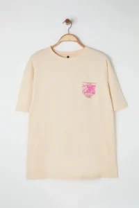 Trendyol Curve Beige Oversized Fit 100% Cotton Front and Back Printed Knitting Plus Size T-Shirt - Image 6