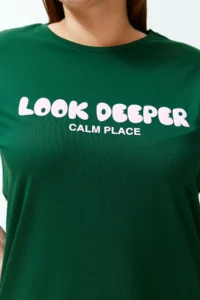 Trendyol Curve dark Green Slogan Printed relaxed 100% Cotton Knitting Plus Size T-Shirt - Image 6