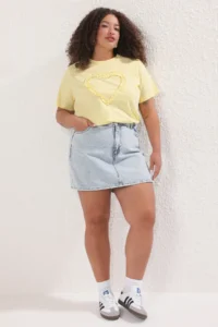 Trendyol Curve Light Blue High Waist Wide Leg 100% Cotton Non-Stretch Plus Size Shorts Skirt
