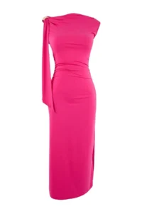 TRENDYOLMİLLA Limited Edition Fuchsia bodycon Asymmetric Yaka Sleeveless with accessories Maxi Flexible Knitting Dress - Image 5