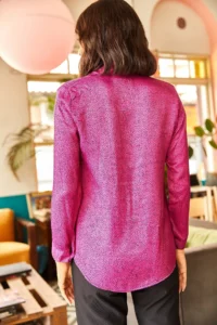Olalook Women's Fuchsia Tiny Polka Dot Casual Viscose Shirt - Image 2