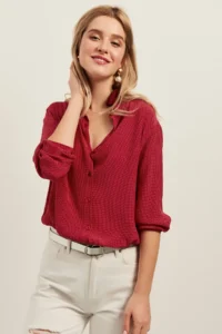Olalook Women's Red Tiny Polka Dot Casual Viscose Shirt - Image 2
