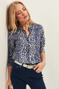 Olalook Women Navy Blue Leopard Weaving Shirt