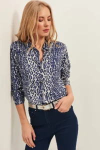 Olalook Women Navy Blue Leopard Weaving Shirt - Image 2