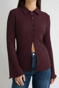 TRENDYOLMİLLA Plum textured Fitted Bele Oturan Weaving Shirt - Image 3