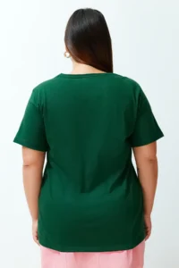Trendyol Curve dark Green Slogan Printed relaxed 100% Cotton Knitting Plus Size T-Shirt - Image 7