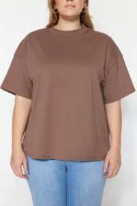 Trendyol Curve Brown Collar Ribbed Wide Pattern Basic 100% Cotton Knitting T-Shirt - Image 4