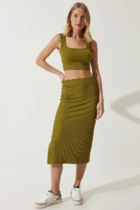 Happiness İstanbul Women's Oil Green Strap Crop Pencil Skirt Knitted Suit - Image 2