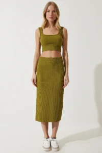 Happiness İstanbul Women's Oil Green Strap Crop Pencil Skirt Knitted Suit - Image 3
