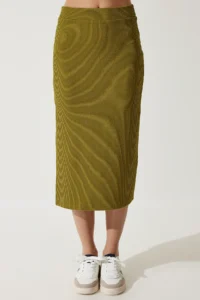 Happiness İstanbul Women's Oil Green Strap Crop Pencil Skirt Knitted Suit - Image 5