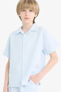 DeFacto Oversize Wide Fit Polo Neck Muslin Short Sleeve Shirt Boy