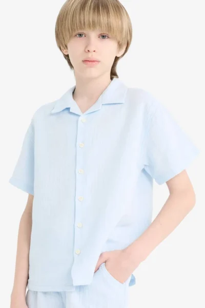 DeFacto Oversize Wide Fit Polo Neck Muslin Short Sleeve Shirt Boy