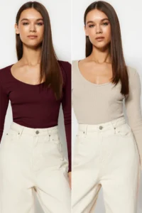 TRENDYOLMİLLA Burgundy-Stone 2 Sets Pack V-neck Fitted Cotton Flexible Knitting Blouse