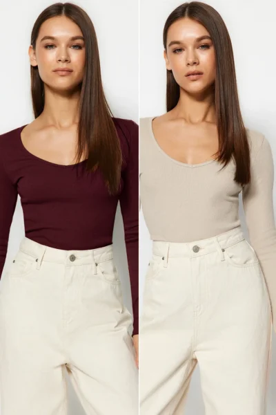 TRENDYOLMİLLA Burgundy-Stone 2 Sets Pack V-neck Fitted Cotton Flexible Knitting Blouse