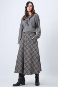 Trend Alaçatı Stili Women's Mink Zippered High Waist Plaid Double Pocket Patterned Midi Skirt Vs01718