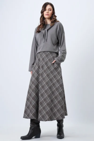 Trend Alaçatı Stili Women's Mink Zippered High Waist Plaid Double Pocket Patterned Midi Skirt Vs01718