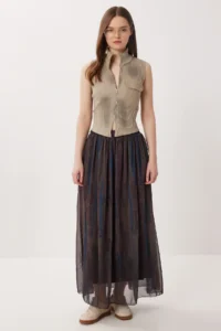 Lovelyİstanbul Patterned Wrinkle Effect Chiffon Skirt  BLUE KHAKI - Image 3