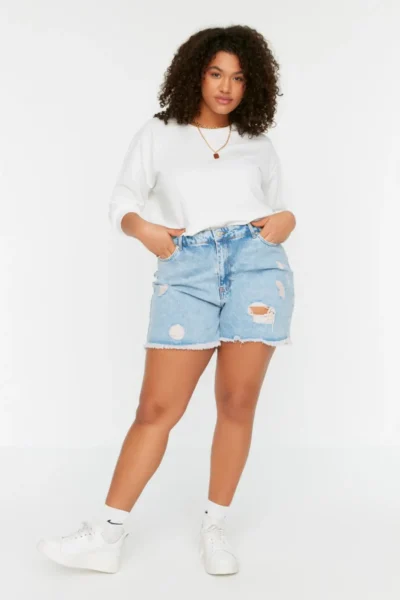 Trendyol Curve Mavi High Waist Destroylu 100% Cotton Plus Size denim Shorts & Bermuda
