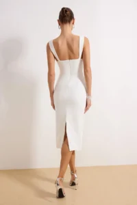 TRENDYOLMİLLA Ecru Stone Accessory Detailed Weaving Midi Elegant/Evening Dress - Image 4