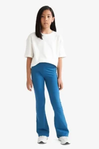 DeFacto  Blue Girl's Flare Fit Ribbed Camisole Trousers - Image 2