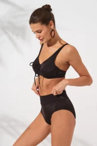 Pierre Cardin Black Melt Gathering Sliding Lace Detailed High Waist Bikini Set Tulle Corset Underwire - Image 4