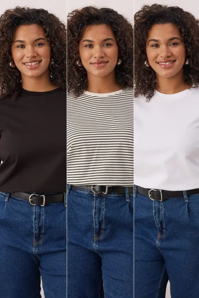 Trendyol Curve Multicolored 3 Sets Paket Regular/Normal Pattern Basic Crew Neck Knitting T-Shirt