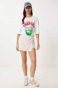 Happiness İstanbul Women's Stone Blue Striped Mini Linen Shorts Skirt