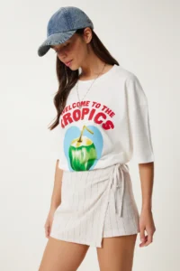 Happiness İstanbul Women's Stone Blue Striped Mini Linen Shorts Skirt - Image 2