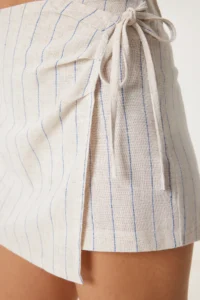 Happiness İstanbul Women's Stone Blue Striped Mini Linen Shorts Skirt - Image 5