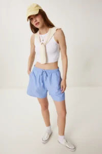 Happiness İstanbul Women Blue Striped Rahat Shorts
