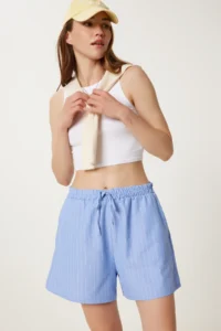 Happiness İstanbul Women Blue Striped Rahat Shorts - Image 2