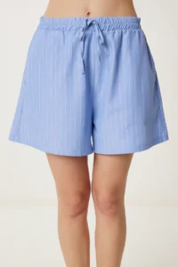 Happiness İstanbul Women Blue Striped Rahat Shorts - Image 3