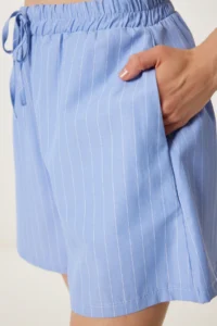 Happiness İstanbul Women Blue Striped Rahat Shorts - Image 4