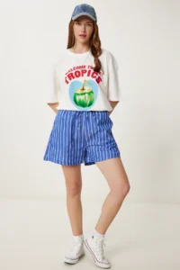 Happiness İstanbul Women Dark Blue Striped Rahat Shorts