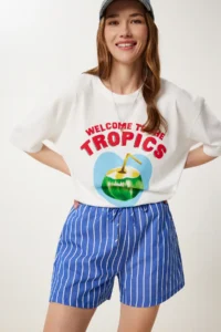 Happiness İstanbul Women Dark Blue Striped Rahat Shorts - Image 2
