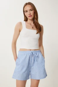 Happiness İstanbul Women sky blue Striped Rahat Shorts