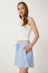 Happiness İstanbul Women sky blue Striped Rahat Shorts - Image 2