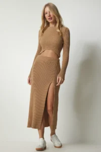 Happiness İstanbul Women's Biscuit Corded Crop Skirt Knitwear Suit