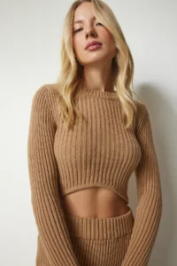 Happiness İstanbul Women's Biscuit Corded Crop Skirt Knitwear Suit - Image 3
