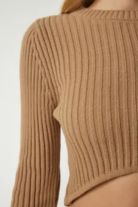 Happiness İstanbul Women's Biscuit Corded Crop Skirt Knitwear Suit - Image 4