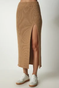 Happiness İstanbul Women's Biscuit Corded Crop Skirt Knitwear Suit - Image 5