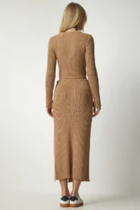 Happiness İstanbul Women's Biscuit Corded Crop Skirt Knitwear Suit - Image 7