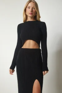 Happiness İstanbul Women Black Ribbed Crop Skirt Knitwear Set - Image 2