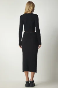 Happiness İstanbul Women Black Ribbed Crop Skirt Knitwear Set - Image 7