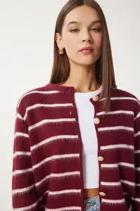 Happiness İstanbul Women's Burgundy Bone Stylish Buttoned Striped Knitwear Cardigan - Image 2