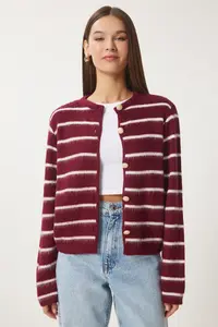 Happiness İstanbul Women's Burgundy Bone Stylish Buttoned Striped Knitwear Cardigan - Image 3