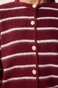 Happiness İstanbul Women's Burgundy Bone Stylish Buttoned Striped Knitwear Cardigan - Image 4