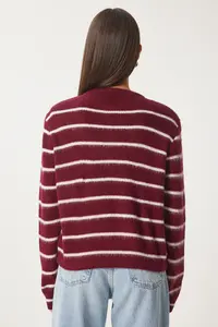 Happiness İstanbul Women's Burgundy Bone Stylish Buttoned Striped Knitwear Cardigan - Image 5